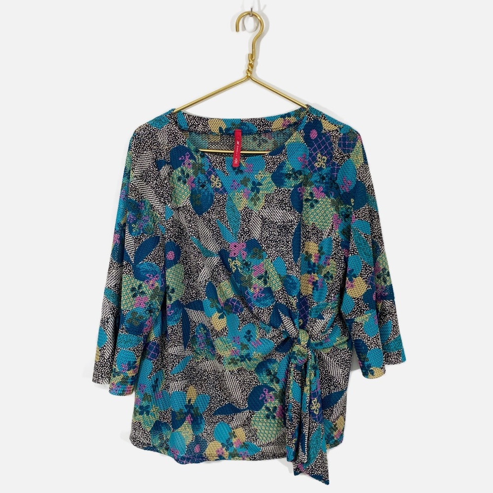 IC by Connie K XL Blue Teal Floral Artsy Lagenlook‎ Blouse Top